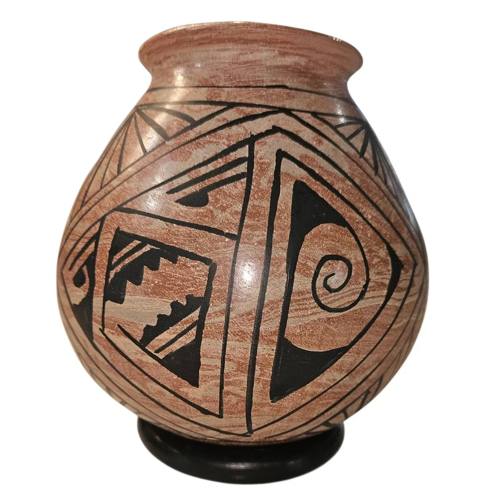 Handmade Marbled Terracotta Pottery Vase Southwest Geometric Design with Stand